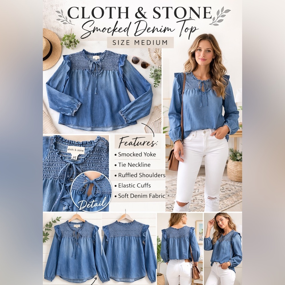 Cloth & Stone Smocked Tencel Denim Top Size Medium Anthropologie Style boho